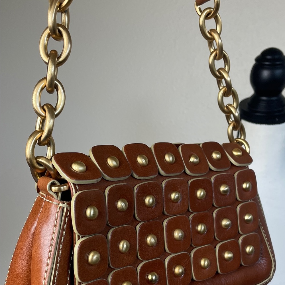 Maxx New York Leather cognac brown Gold chain  Studded Shoulder Bag - Picture 3 of 17